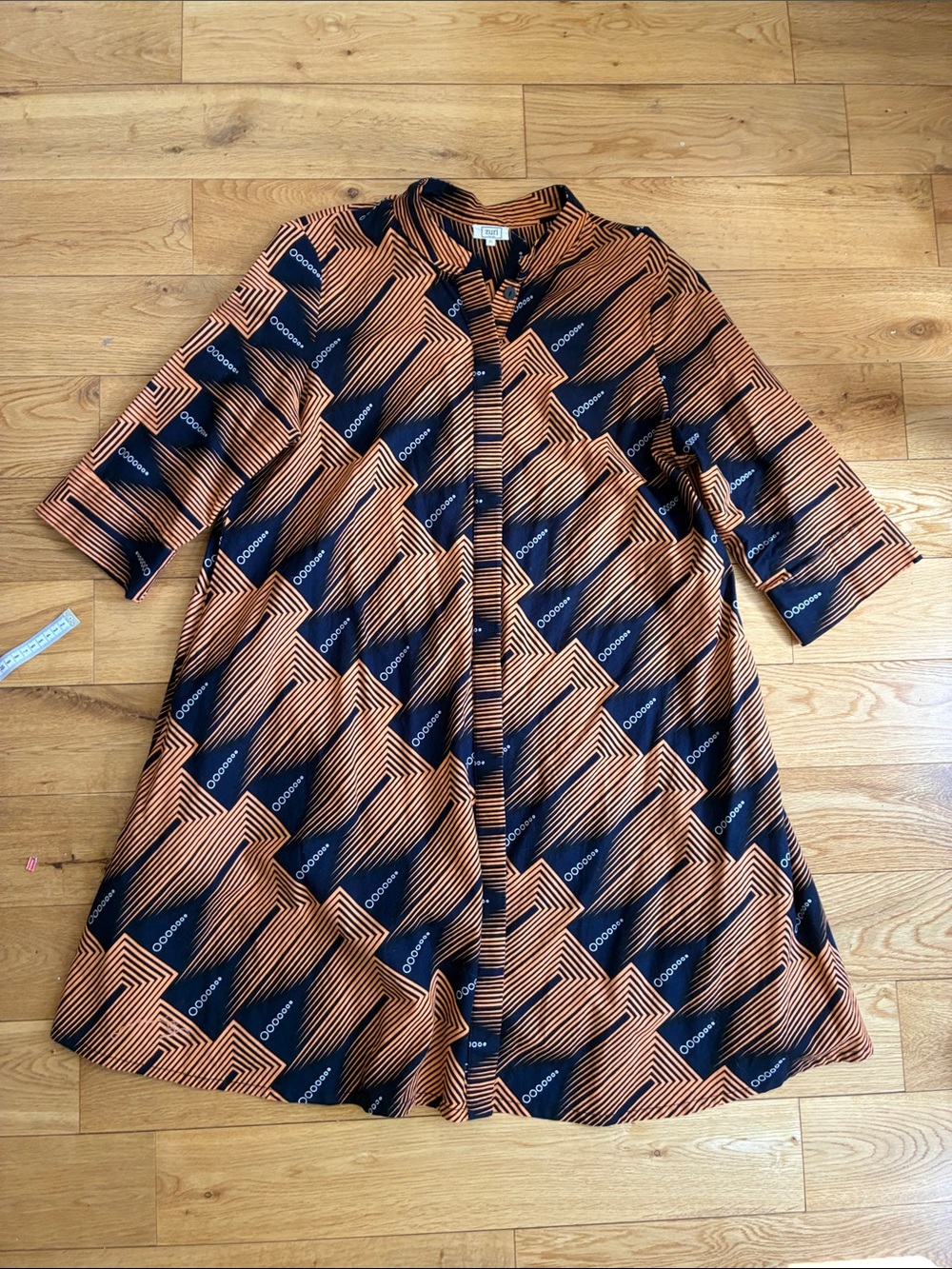 Button-Front Midi Dress in Copper Orange & Navy Geometric